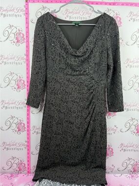 Ralph Lauren dress black beaded Charcoal Lace Cowl-Neck Long Sleeve Dress
